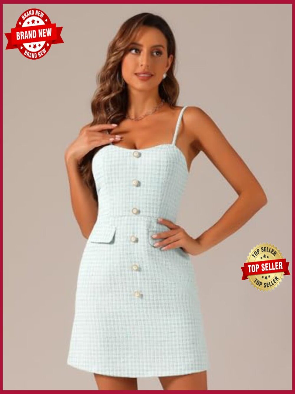 Plaid Tweed Mini Dress with Sweetheart Neck and Spaghetti Straps - Picture 4 of 5